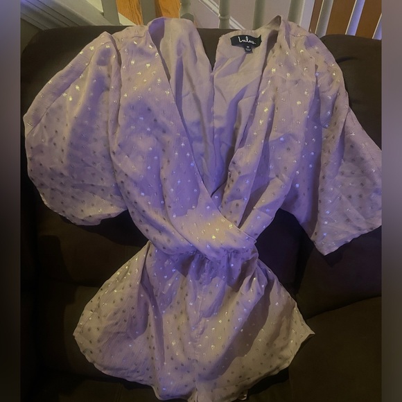 Lulus NWOT blush pink with gold polka dots romper size medium, with waist tie - Picture 2 of 2